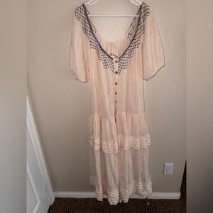 Free People‎ NWT Ivory Boho Pheasant Dress w/ Navy Embroidery Oversized Small